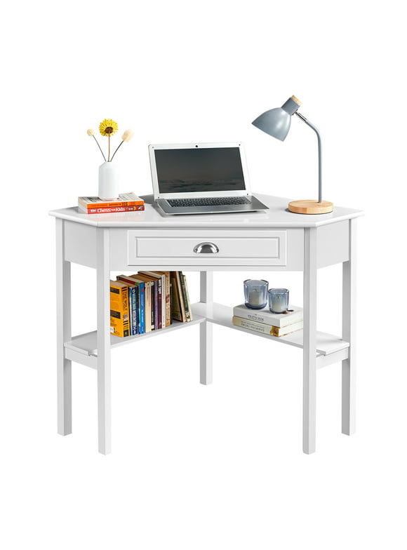 Topeakmart Corner Computer Desk Workstation Home Office Writing Study Desk Computer Table with Storage Drawer & Shelves White