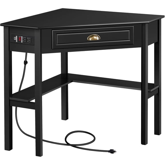 Yaheetech Corner Computer Desk Workstation with Power Outlet Storage Drawer, Black