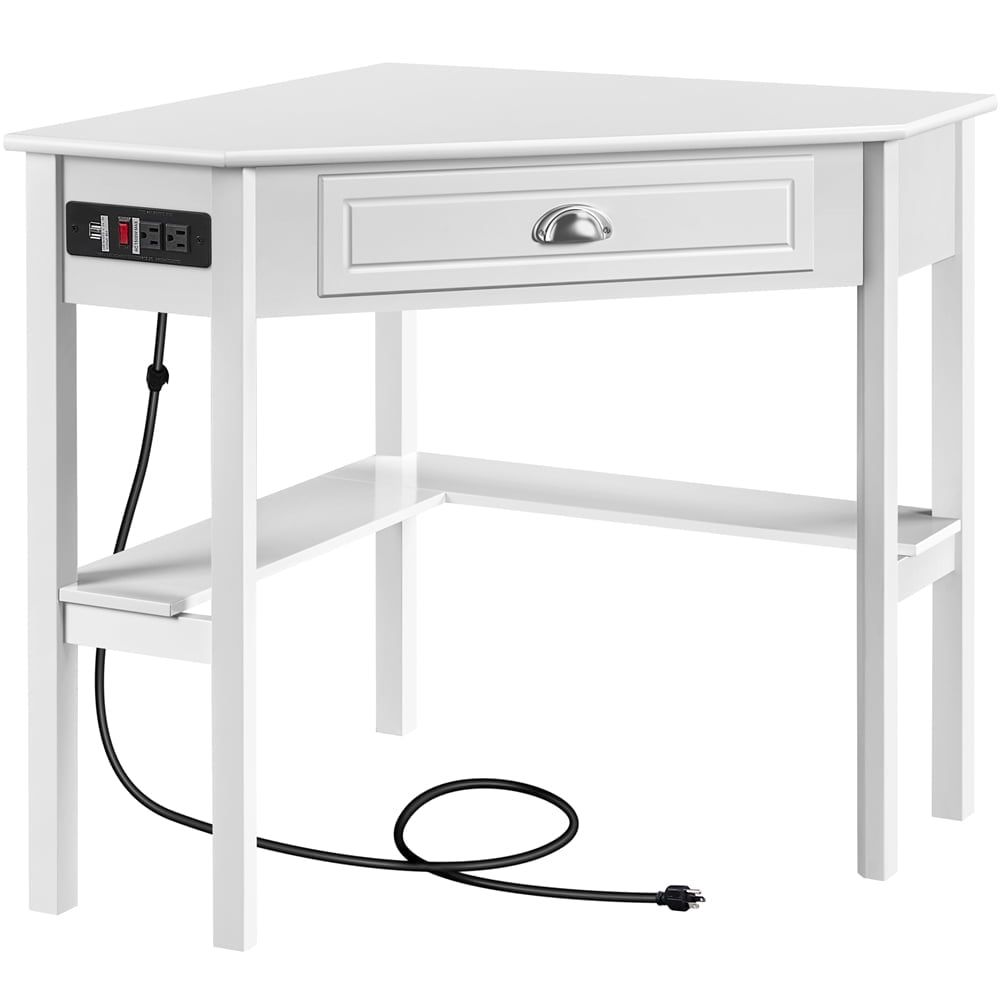 Yaheetech Corner Computer Desk Workstation with Power Outlet Storage Drawer, White