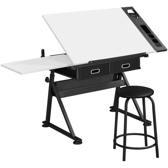 Topeakmart Metal and MDF Drafting Table with Stool and 2 Drawers, White