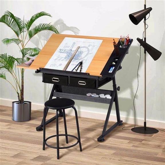 Yaheetech Drafting Table with 2 Drawers and Stool