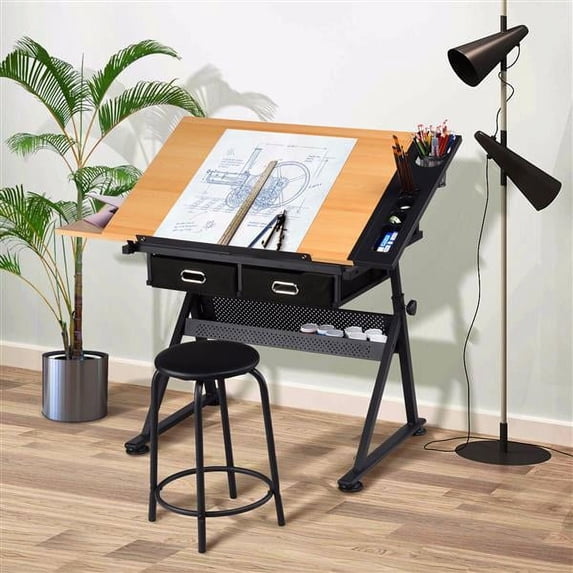 Topeakmart Drafting Table with 2 Drawers and Stool