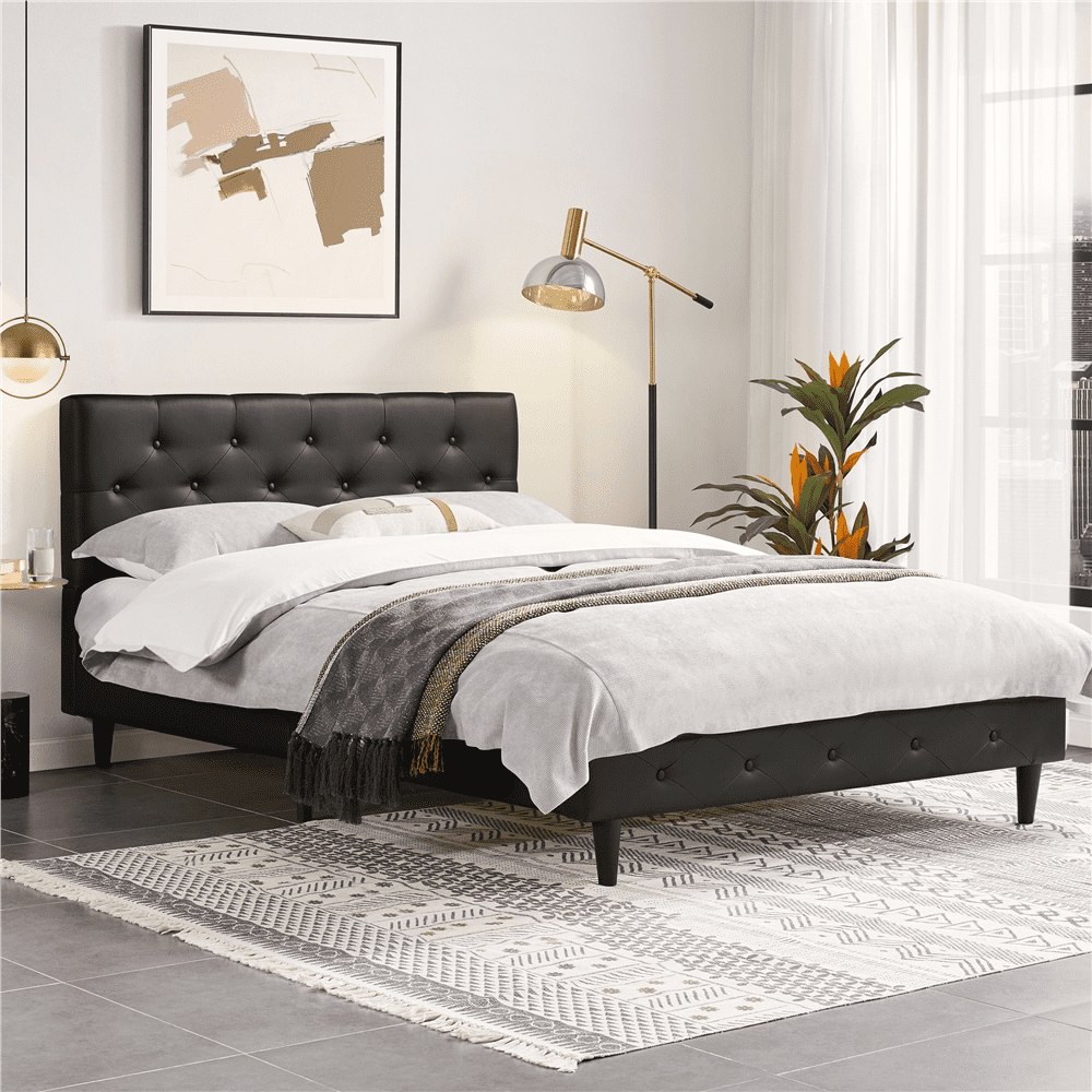 Topeakmart Faux Leather Upholstered Platform Bed with Tufted Headboard
