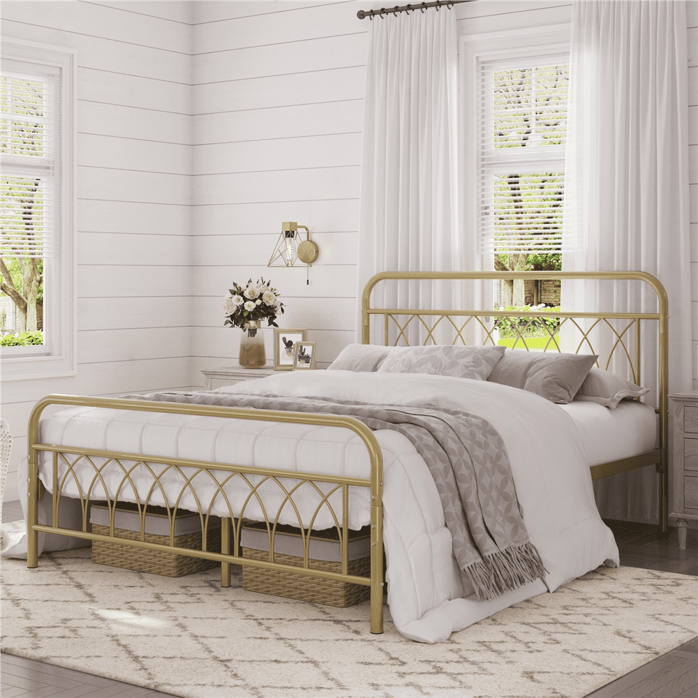 Topeakmart Full Metal Bed Frame Petal Headboard Footboard Antique Gold