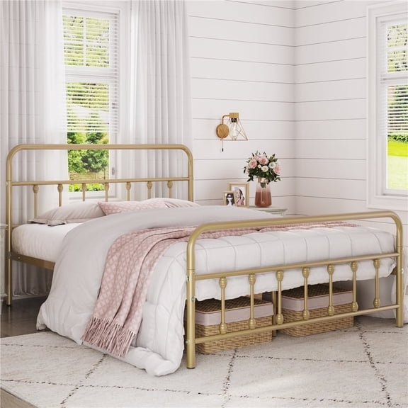 Topeakmart Metal Platform Bed with High Headboard and Footboard, Antique Gold, Full