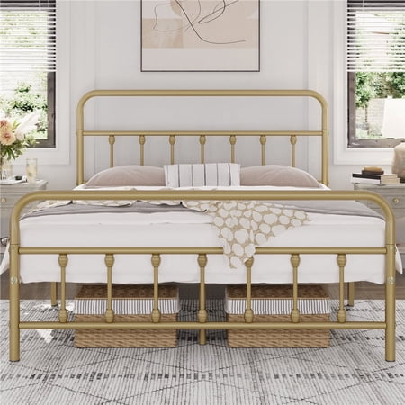 Yaheetech Classic Iron Platform Bed with High Headboard and Footboard, Full, Antique Gold