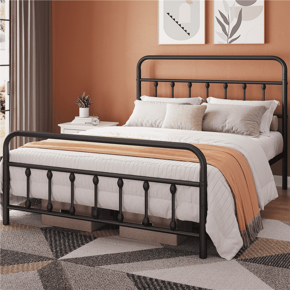 Topeakmart Metal Bed Frame Spindle Headboard & Footboard, Black, Full