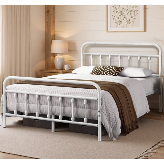 Yaheetech Metal Platform Bed with High Headboard and Footboard, Full, White
