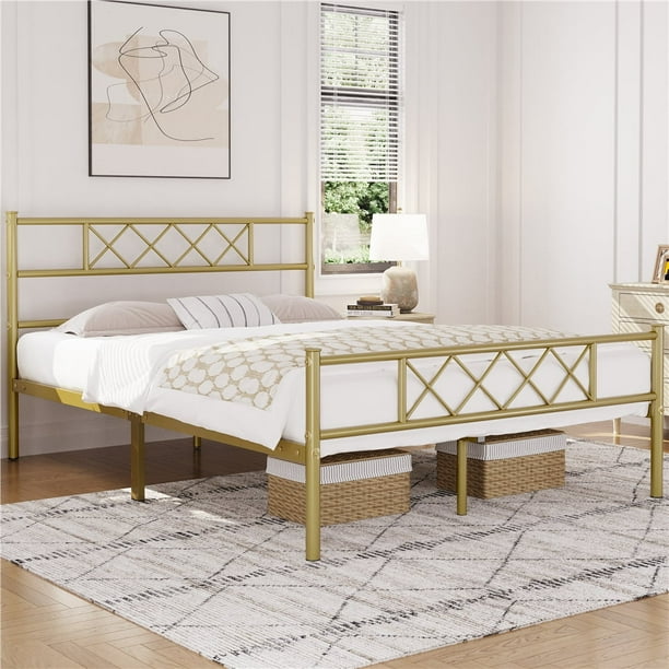Topeakmart Full Metal Bed Frame with Crisscross Headboard Footboard Antique Gold Walmart Business Supplies