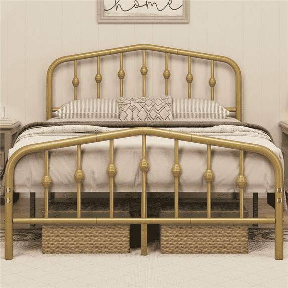 Yaheetech Metal Bed with Arched Headboard and Footboard, Antique Gold, Full