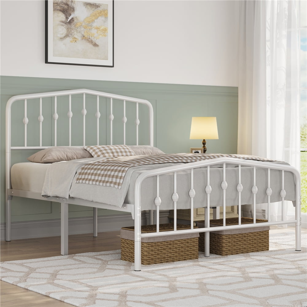Topeakmart Metal Bed with Arched Headboard and Footboard, White, Full