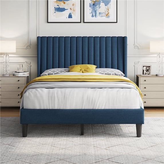 Yaheetech Full Size Upholstered Bed Frame with Wing-Side Headboard, Navy Blue