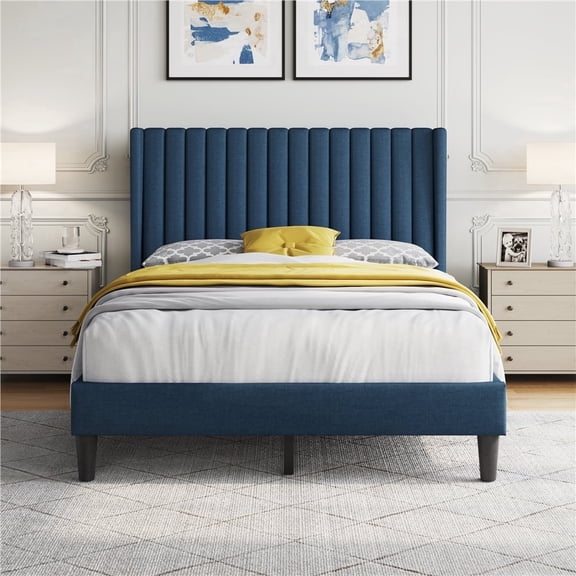 Yaheetech Full Size Upholstered Bed Frame with Wing-Side Headboard, Navy Blue