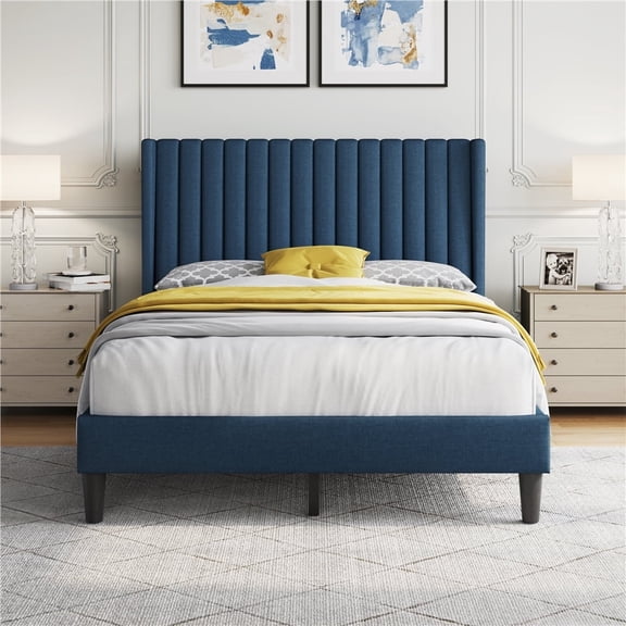 Yaheetech Full Size Upholstered Bed Frame with Wing-Side Headboard, Navy Blue