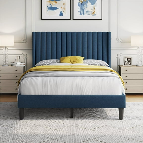 Topeakmart Full Size Upholstered Bed Frame with Wing-Side Headboard, Navy Blue