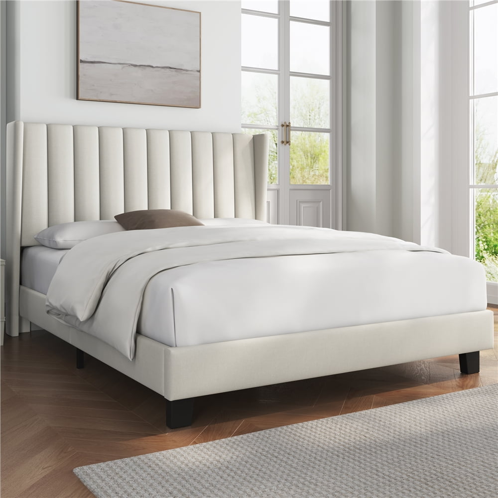 Topeakmart Full Upholstered Bed Frame WingDesigned Headboard, Beige