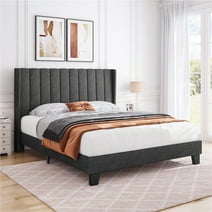 Topeakmart Full Upholstered Bed Frame Wing-Designed Headboard, Dark Gray