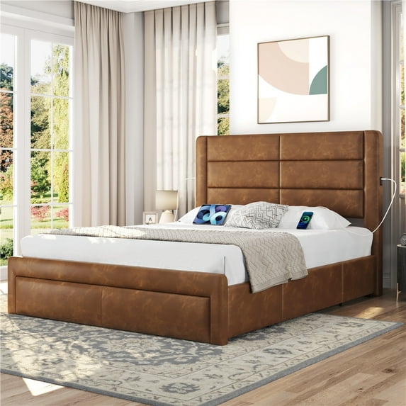 Topeakmart Full Upholstered Leather Bed Frame with 3 Storage Drawers and Built-In USB Ports, Amber Brown