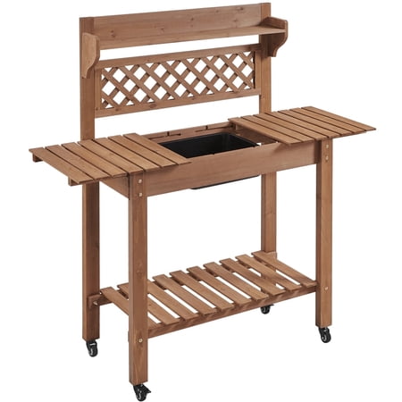 Yaheetech Garden Potting Bench Outdoor Wooden Work Station Table with Sliding Tabletop, Brown