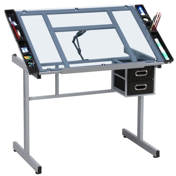 Yaheetech Glass Adjustable Height Rolling Drafting Art Table with Storage Drawers, Balck