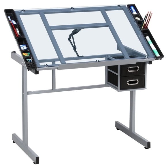 Yaheetech Glass Adjustable Height Rolling Drafting Art Table with Storage Drawers, Balck