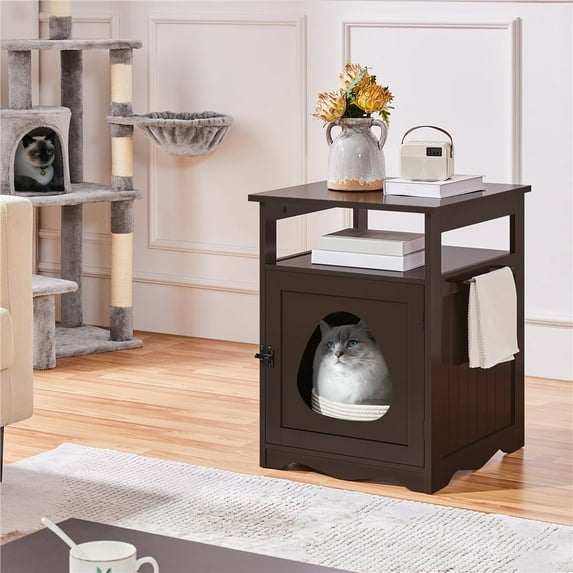 Yaheetech Indoor Wooden Cat Litter Box Enclosure with Open Shelf, Espresso