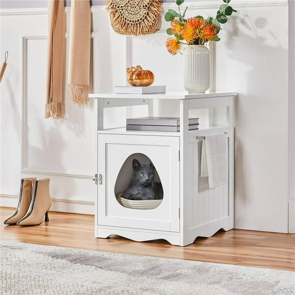 Yaheetech Indoor Wooden Cat Litter Box Enclosure with Open Shelf, White