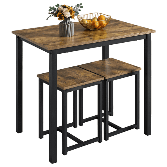 Yaheetech Industrial 3-Piece Dining Set with Square Table 2 Backless Stools, Rustic Brown