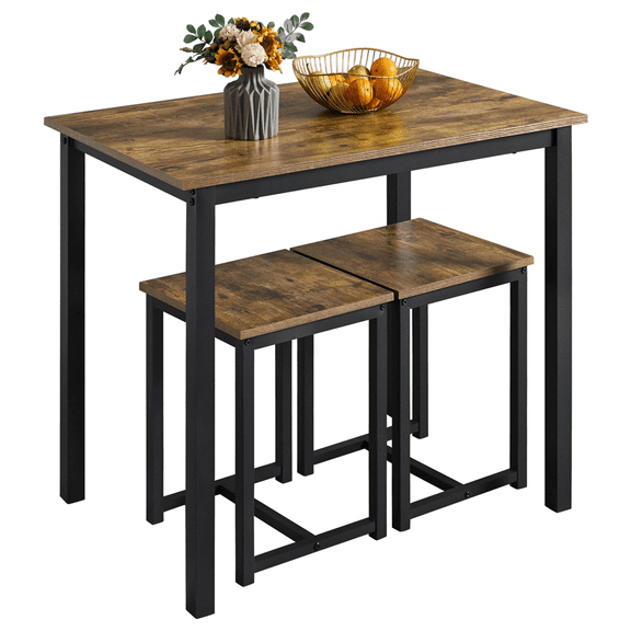 Topeakmart Industrial 3-Piece Dining Set with Square Table 2 Backless Stools, Rustic Brown