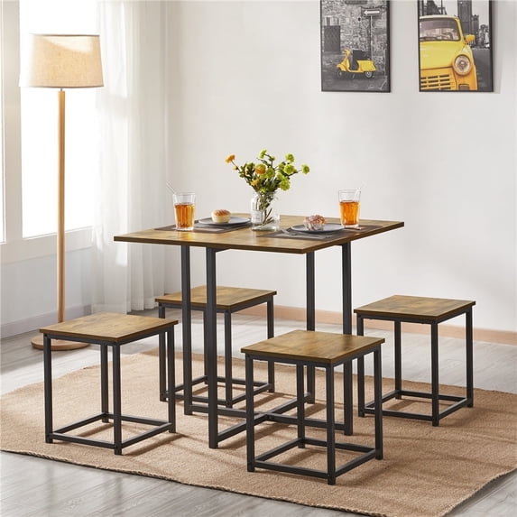 Yaheetech Industrial 5 Piece Dining Set with Square Table 4 Backless Stools, Rustic Brown