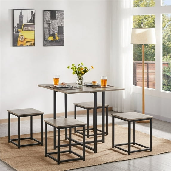 Topeakmart Industrial 5 Piece Dining Table Chair Set Dining Room Set with 1 Square Table, 4 Backless Stools, Gray