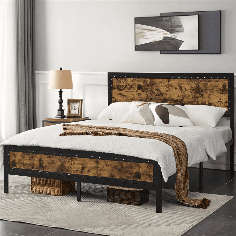Topeakmart Full Size Iron & Wood Industrial Bed Frame, Rustic Brown ...