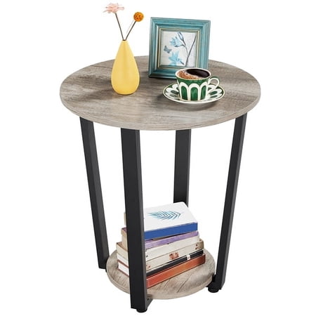 Topeakmart Industrial Metal Side Table Round Sofa Table with Storage Rack, Gray
