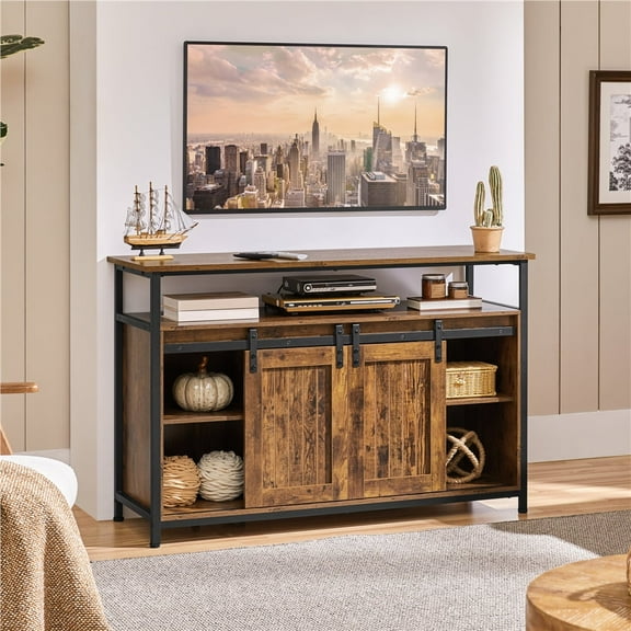 Topeakmart Industrial TV Cabinet with Sliding Barn Doors for 55-inch TV, Rustic Brown