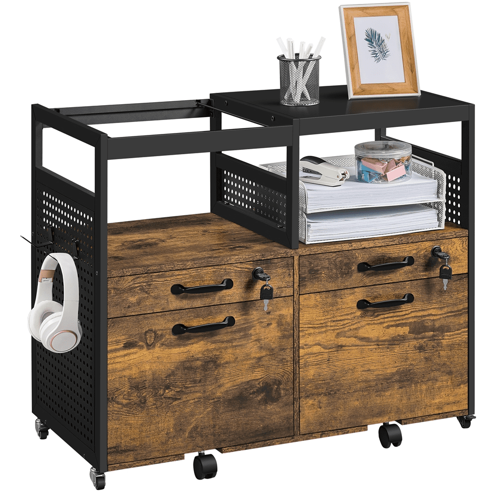 Topeakmart Industrial Wooden Rolling File Cabinet with Printer Stand 4 Drawers, Rustic Brown