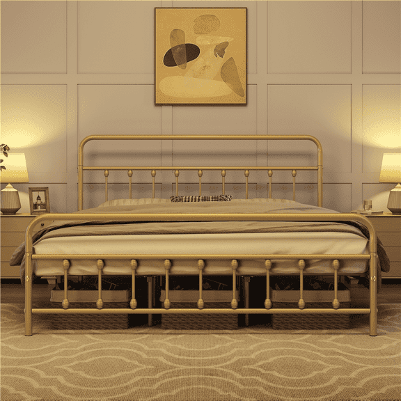 Topeakmart Metal Bed Frame Spindle Headboard and Footboard, Antique Gold, King