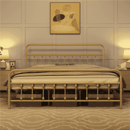 Yaheetech Metal Bed Frame Spindle Headboard and Footboard, Antique Gold, King