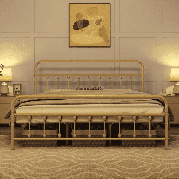 Topeakmart Metal Bed Frame Spindle Headboard and Footboard, Antique Gold, King