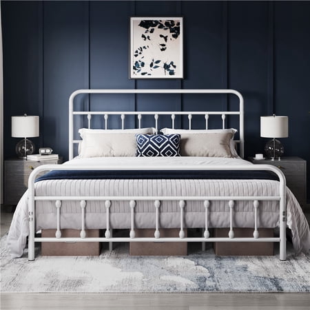 Yaheetech Classic Iron Platform Bed with High Headboard and Footboard, King, White