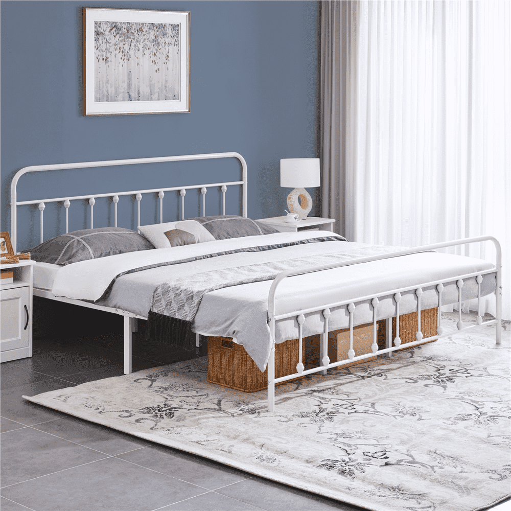 White King Metal Platform Bed with High Headboard and Slats