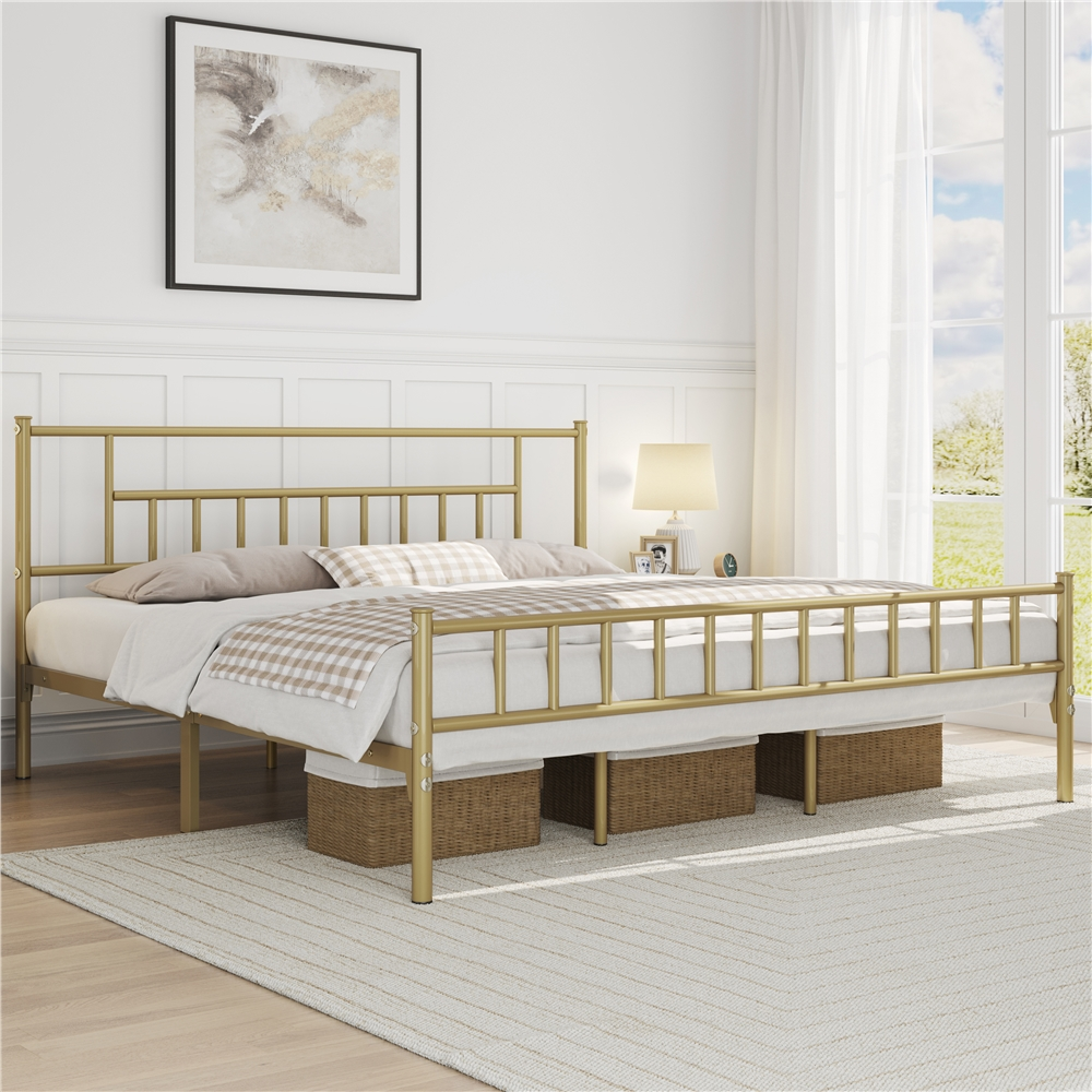 Topeakmart King Metal Bed Frame VerticalLined Headboard & Footboard, Antique Gold