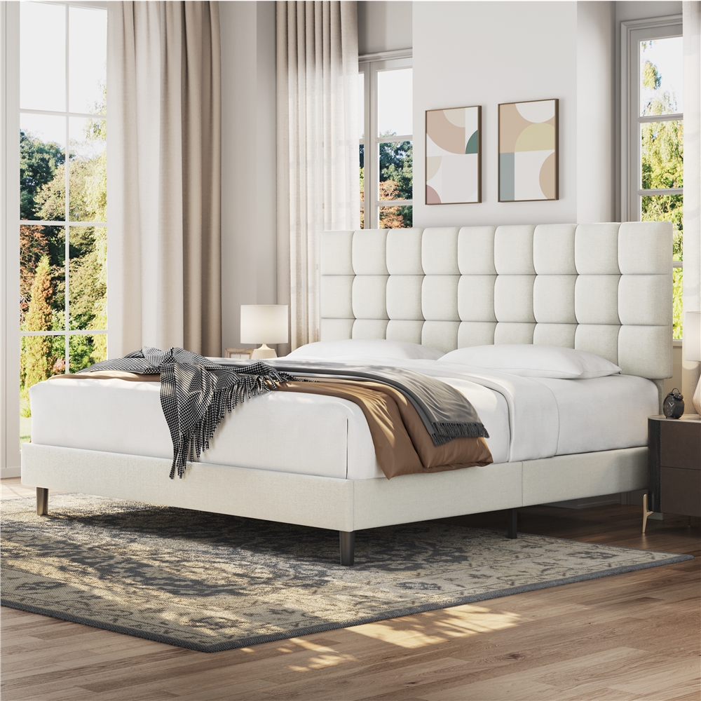 Topeakmart King Size Upholstered Platform Bed with Adjustable Tufted Headboard, Beige