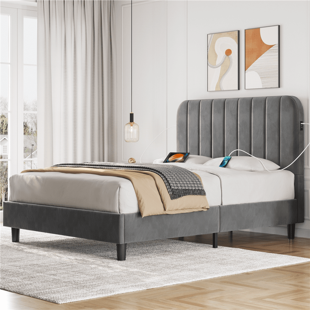 Topeakmart King Size Upholstered Platform Bed with BuiltIn USB Ports