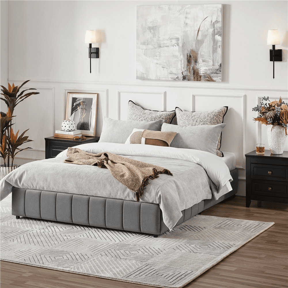 Topeakmart King Size Upholstered Storage Bed with 4 Storage Drawers