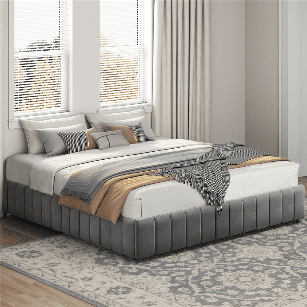 Dark Gray King Upholstered Bed Frame with Storage Drawers