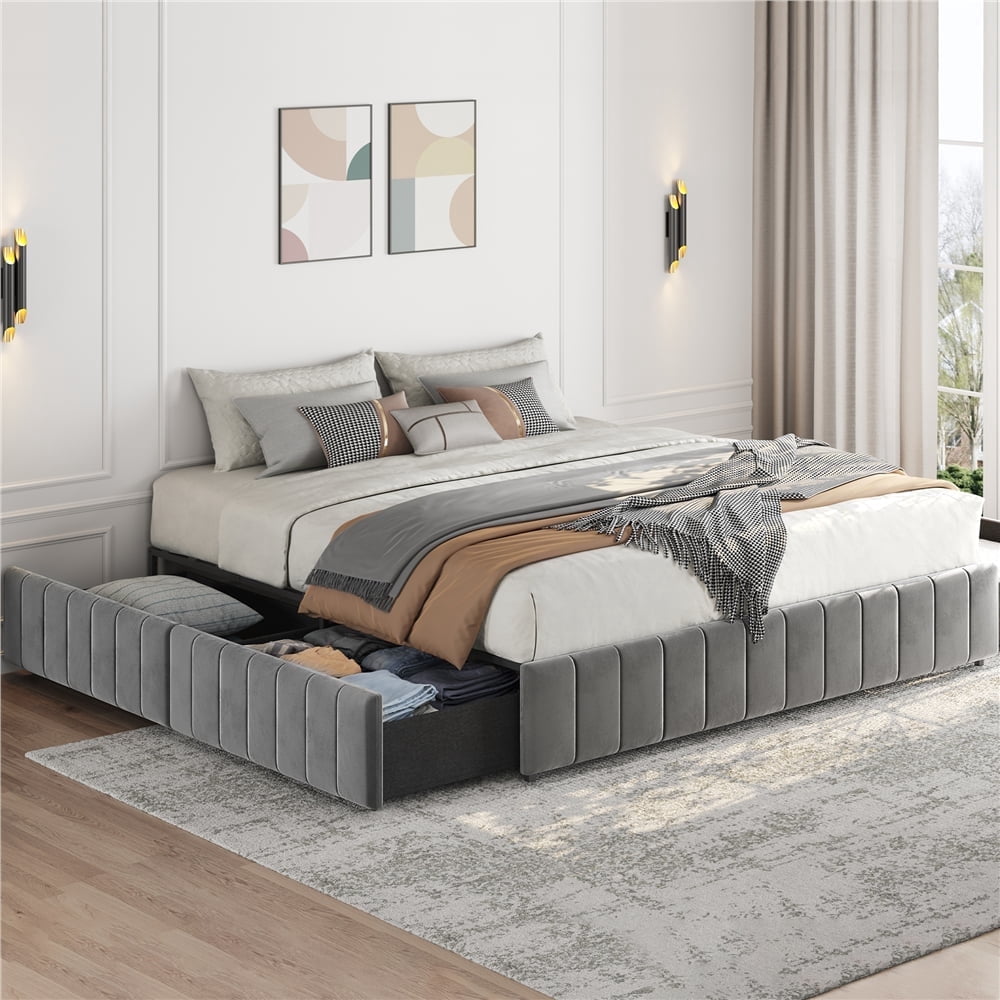 Topeakmart King Size Upholstered Storage Bed with 4 Storage Drawers ...