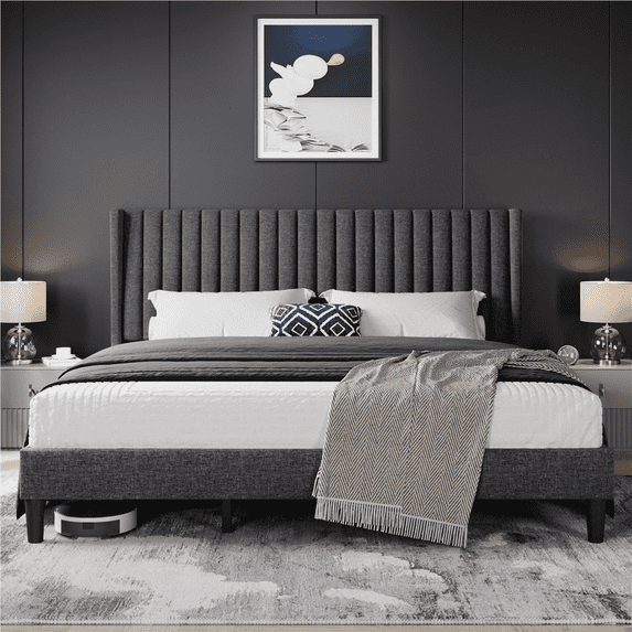Topeakmart King Size Upholstered Bed Frame Wing-Designed Headboard, Dark Gray
