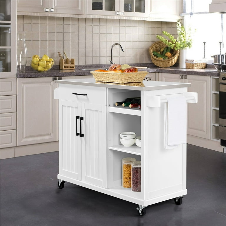 Topeakmart Kitchen Cart with Stainless Steel Top & Storage Kitchen Island  on Wheels with Drawer & Cabinet & Open Shelves & Wine Rack & Spice Rack