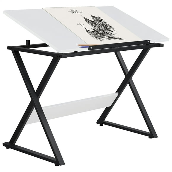 Topeakmart MDF Adjustable Drafting Drawing Table with Pencil Ledge, White
