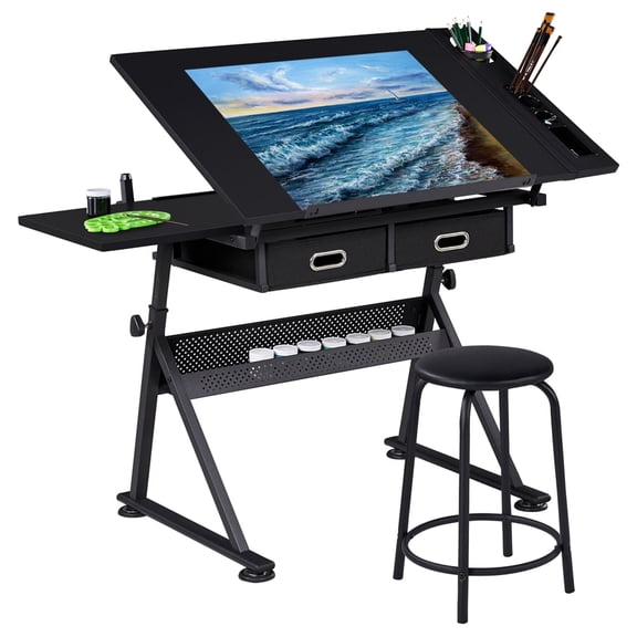 Topeakmart Metal Adjustable Height Drafting Table/Stool Set with 2 Drawer, Black